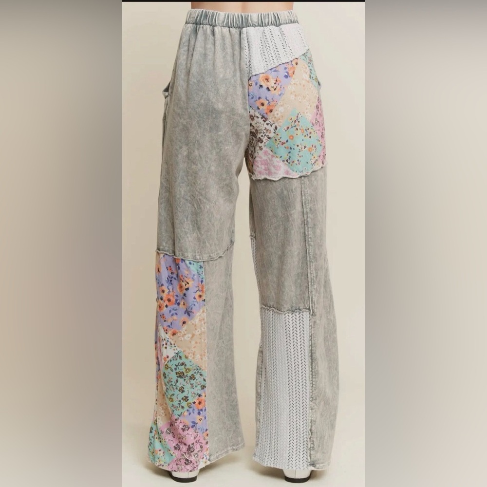 Sold🌟MERE Mineral Washed Floral WaveKnit Jacquard Patchwork Pants🌟 - Picture 2 of 2